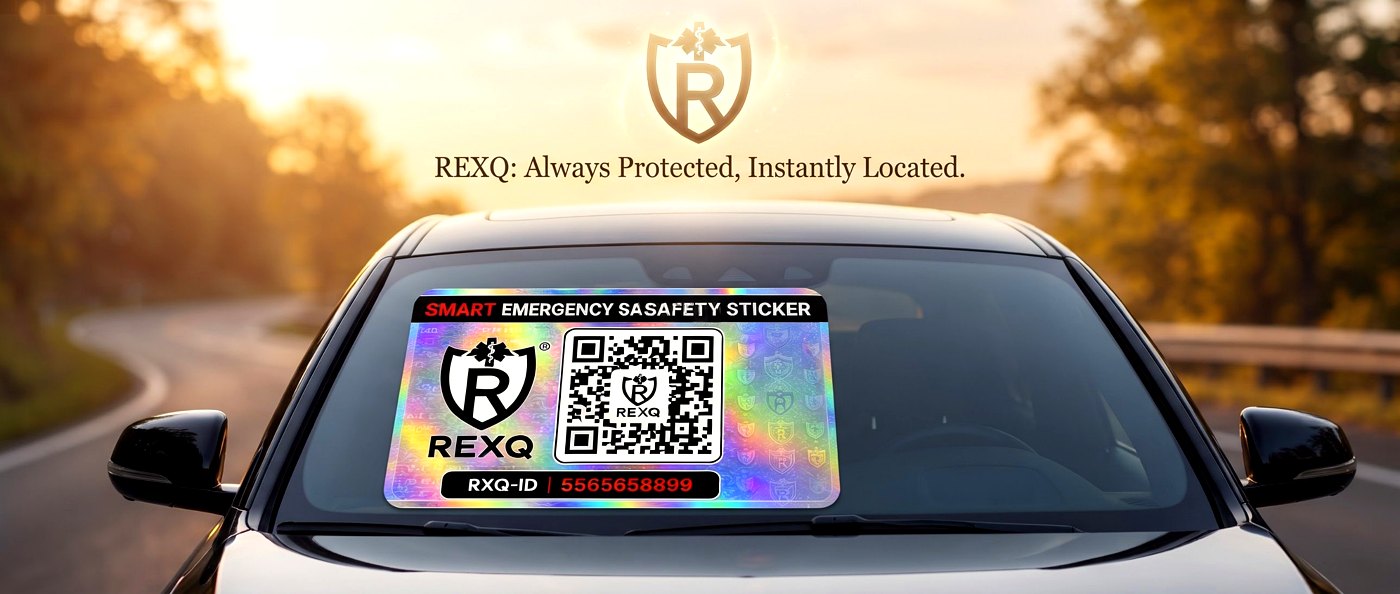 REXQ Smart Emergency Safety Sticker on a car windscreen